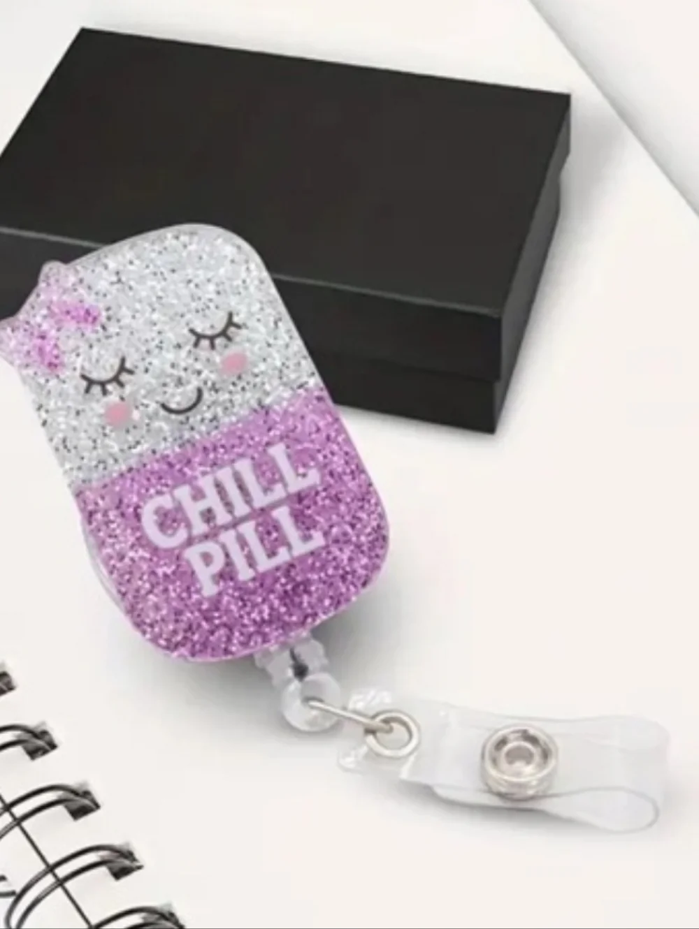 Silver & Purple Glitter 'Chill Pill' Badge Reel